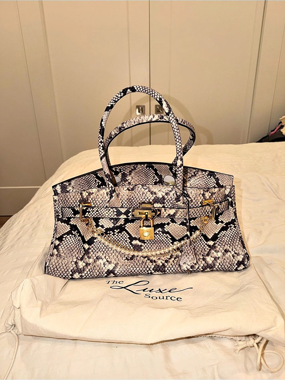 Britney C East-West Bag Snake Print Satchel in Brown & White Like New